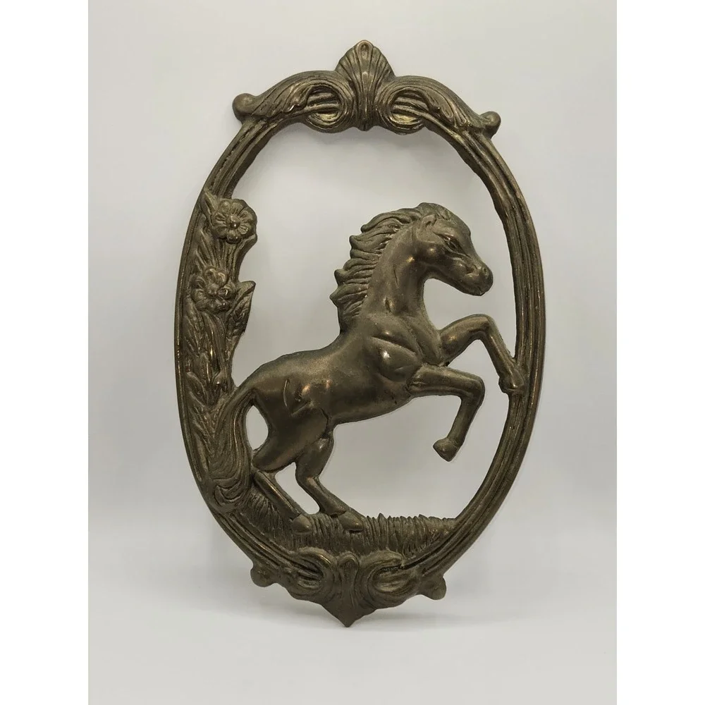 Vintage Solid Brass Rearing Horse Wall Plaque Hanging Equestrian Decor 1970s